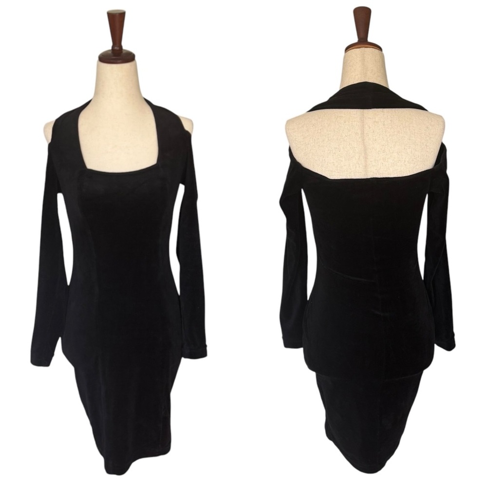 Vintage 90s YES Black Velvet Velour Bodycon Cutout Halter Mini Dress Club Goth